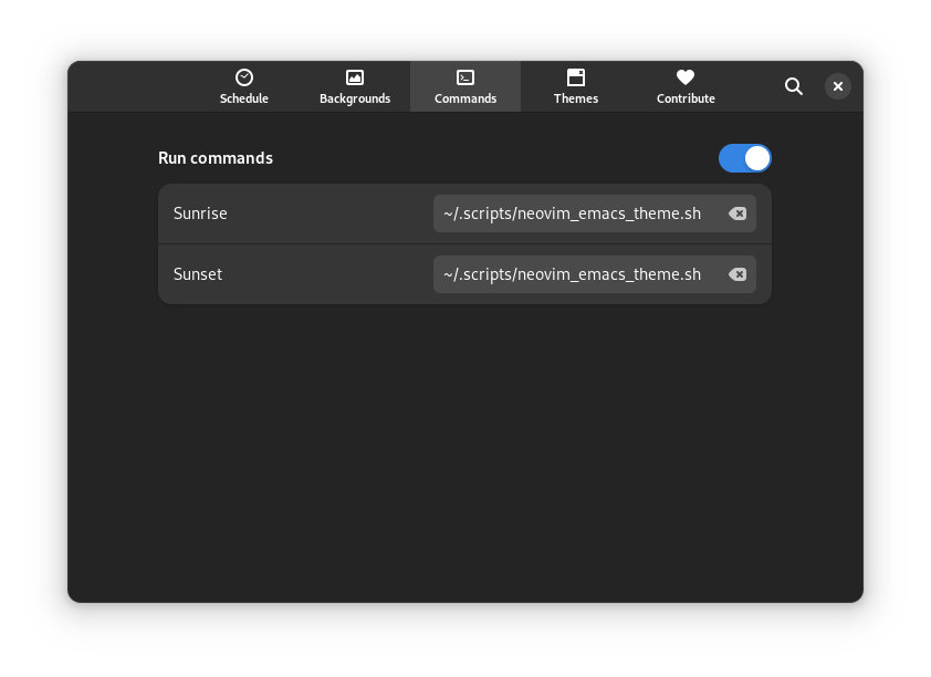 Night Theme Switcher's "Commands" settings page